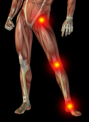 Conceptual 3D human man anatomy lower body or health design, joint or articular pain, ache or injury isolated on black background